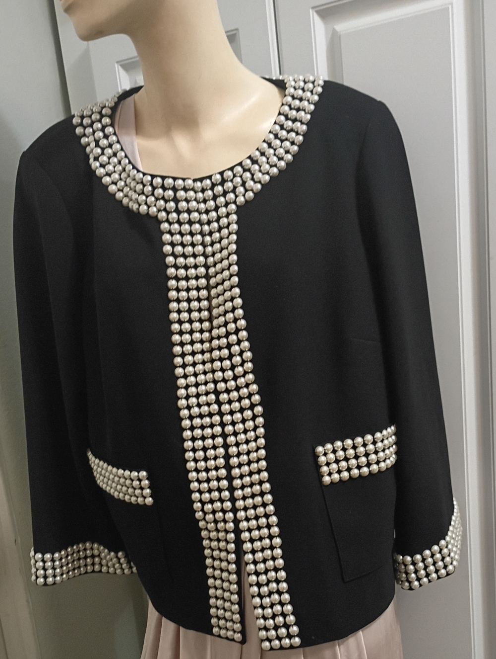 ❤️ST JOHN PEARL TRIM EMBELLISHED BLACK JACKET SZ 16 RETAIL $1195